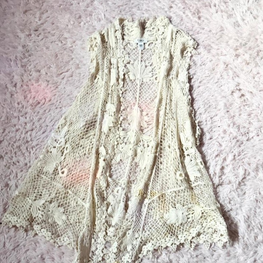 Floral Open Knit Crotchet Whimsical Country Cowgirl Delicate Duster Womens 26/28